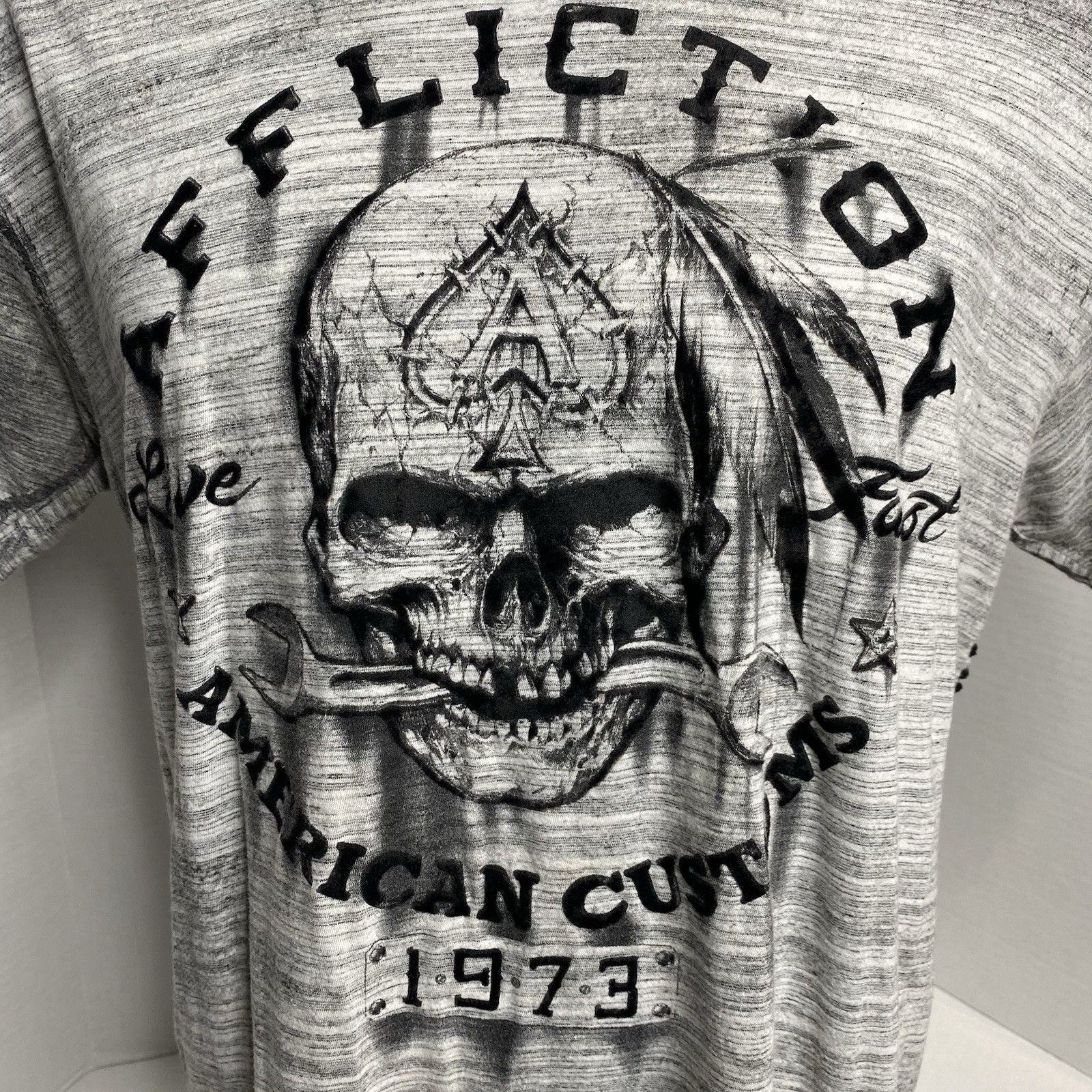 Affliction Shirt Mens Xl Gray Skull Live Fast Short Sleeve Crew Grunge Burnout — image 4 of 8